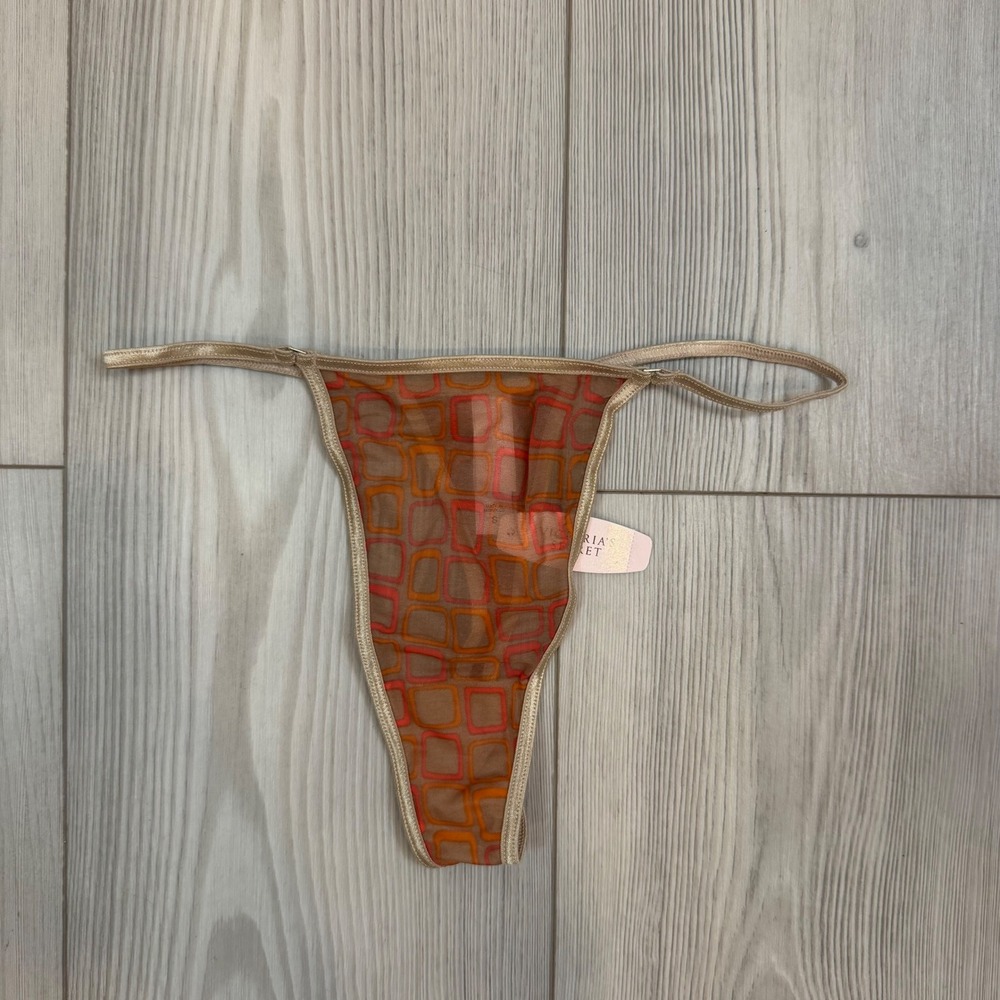 Vintage Victoria's Secret Mesh V-String Thong Orange Geometric Print Y2K NWT‎ S